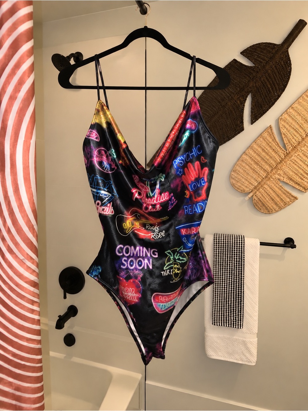 Bear Dance Black Neon Graphic Cowl-Front Bodysuit